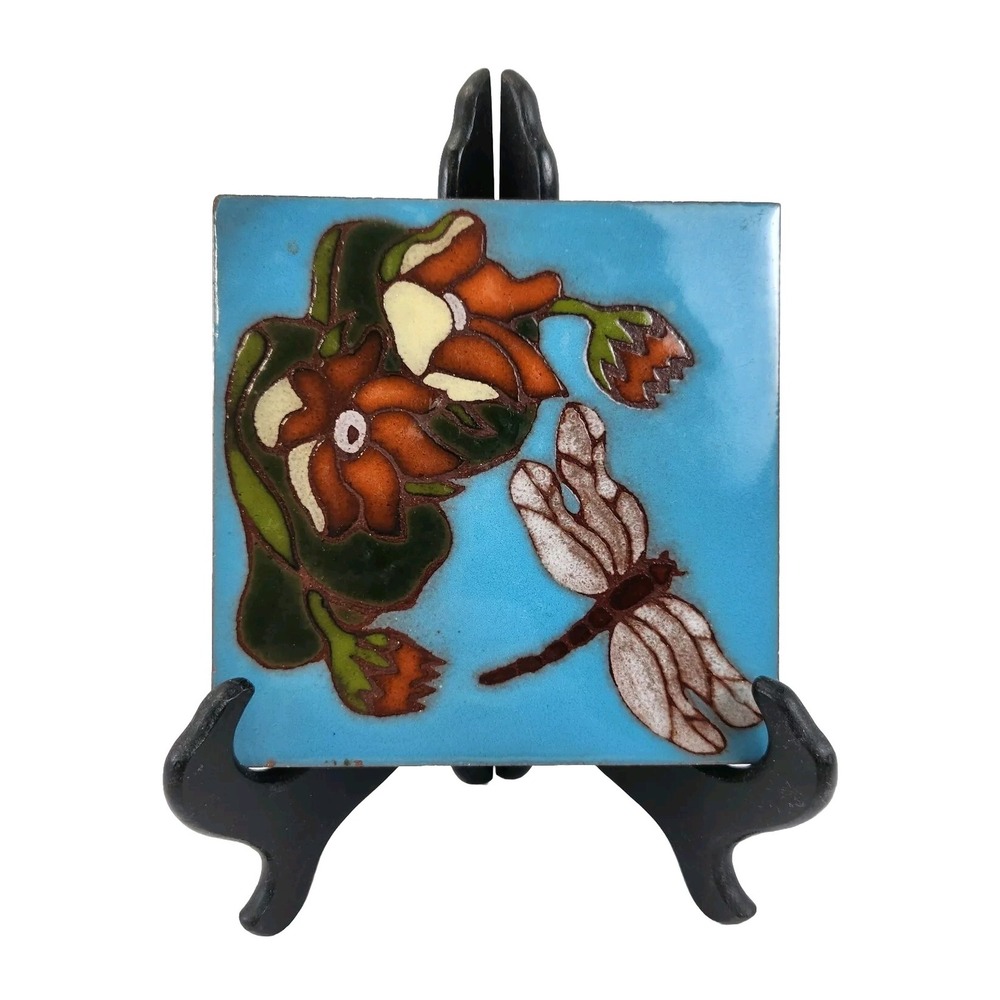 Dragonfly and Flowers Hand Painted Clay Tile Art w Fired Glazed Finish 6x6"